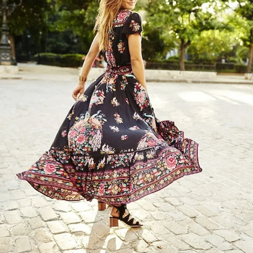 Wish V-Neck Peacock Floral Print Flare Sleeve Bohemian cotton blend Dress size S - Picture 2 of 13